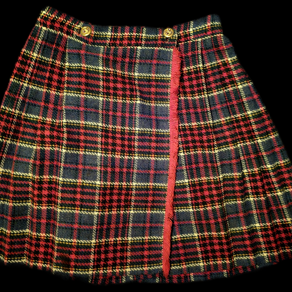Red and Black Plaid Wrap Skirt with Gold Buttons